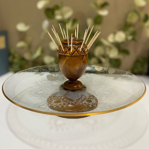 Vintage Mid Century Appetizer Pedistal Serving Tray Glass Wood Toothpick Holder